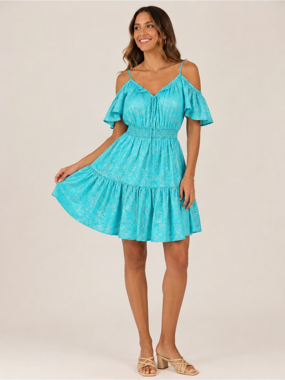 MICHAEL Michael Kors Turquoise Cold-Shoulder Tiered Mini Dress